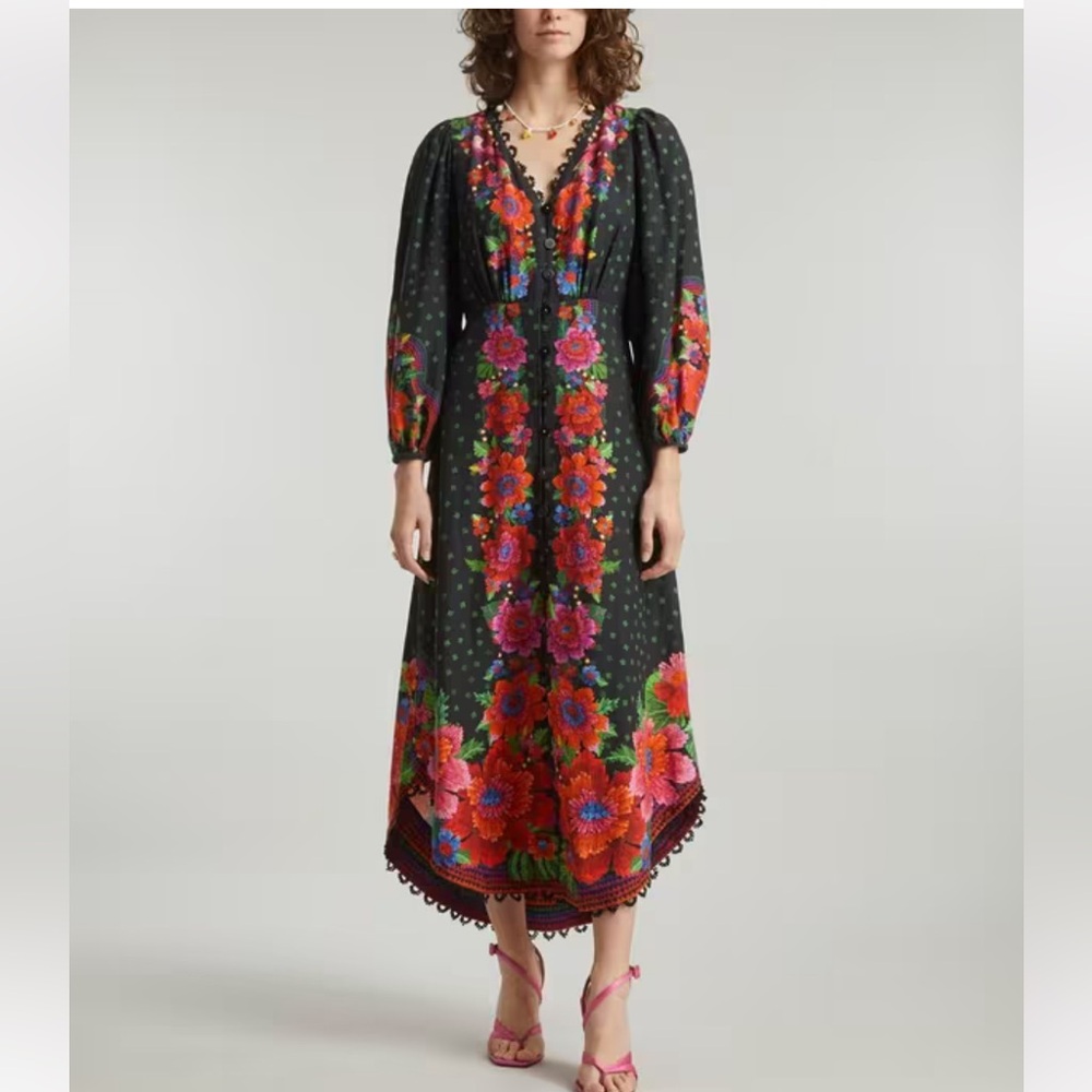 FARM RIO Black Blooming Garden Dress Long Sleeve Dress Size Ladies Small